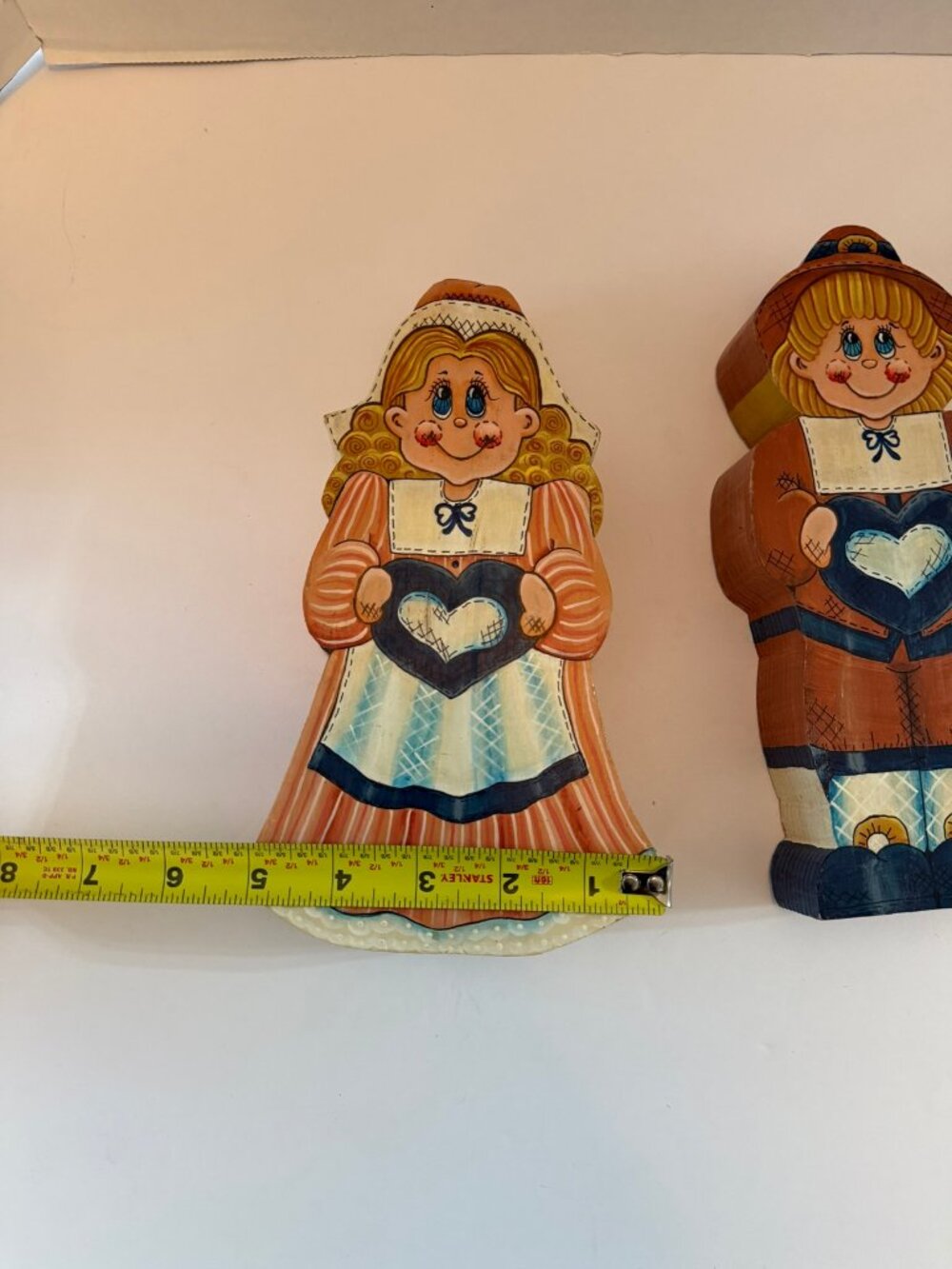 Hand Painted Wooden Pilgrim Couple Figurines Thanksgiving Decor Set of 2 9 Inch